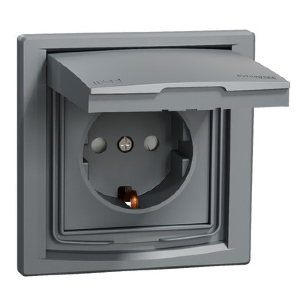 Розетка с заземлением и крышкой IP44 16А Schneider Electric Asfora Сталь EPH3100362
