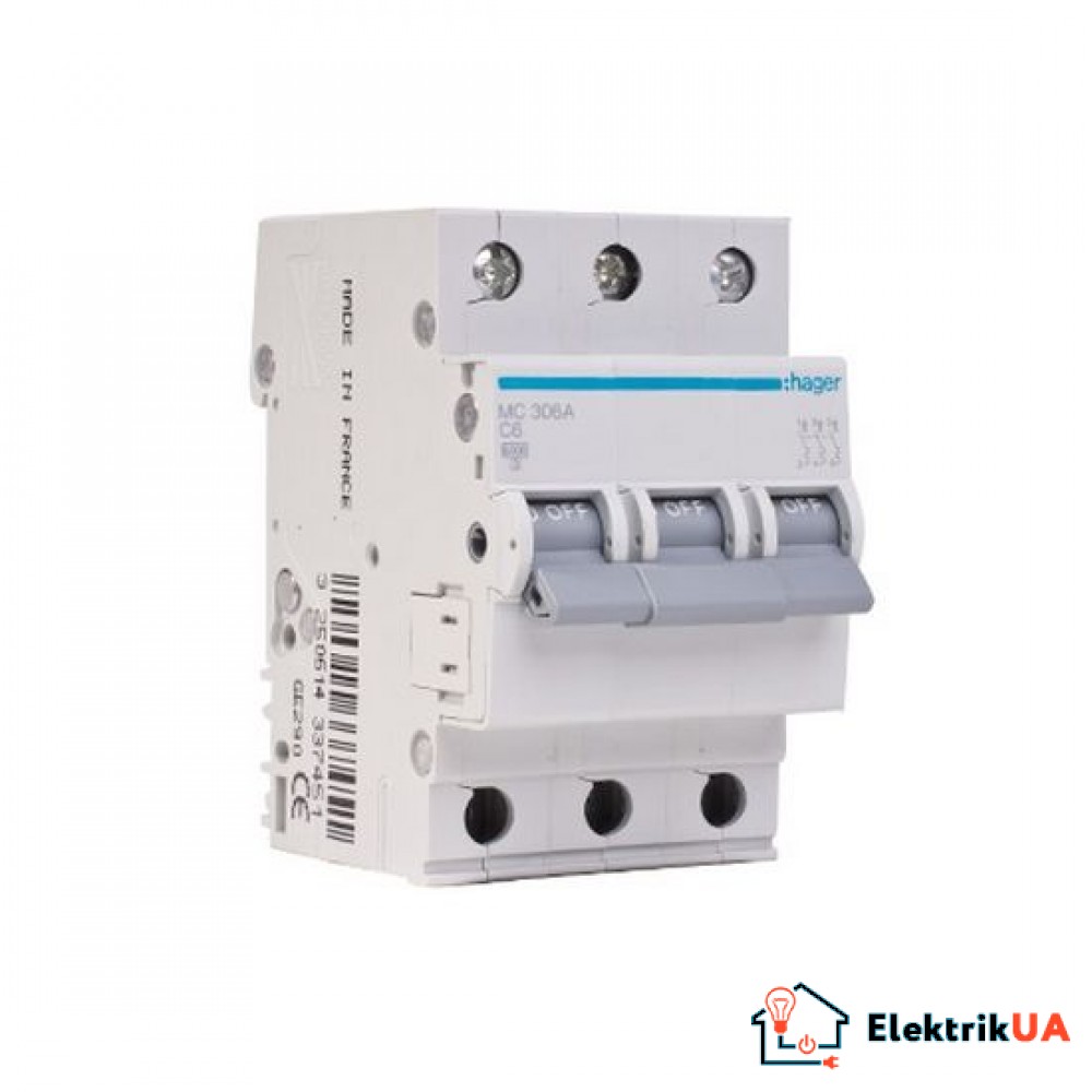 Автоматичний вимикач Hager In63 А, 3п, С, 6 kA, 3м (MC363A)
