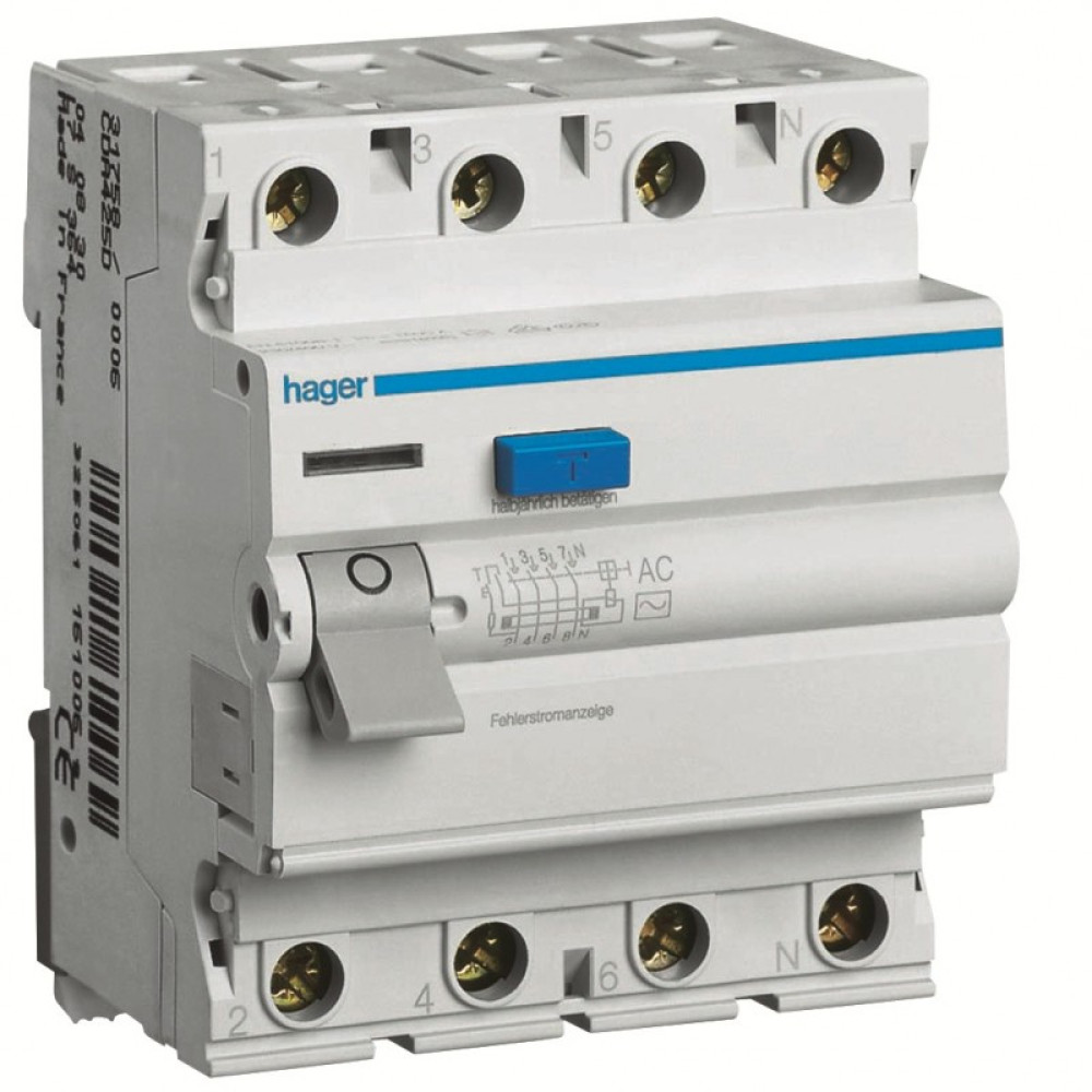 Дифференциальное реле (УЗО) Hager 4P 40A 30mA 6kА AC 4м CD441J