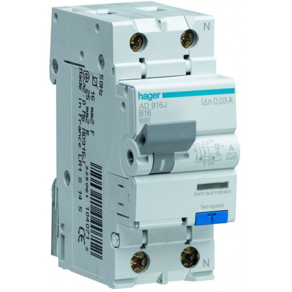 Дифференциальный автоматический выключатель Hager 1+N 10A 30 mA B 6 kА A 2м ADA910D (AD910J)