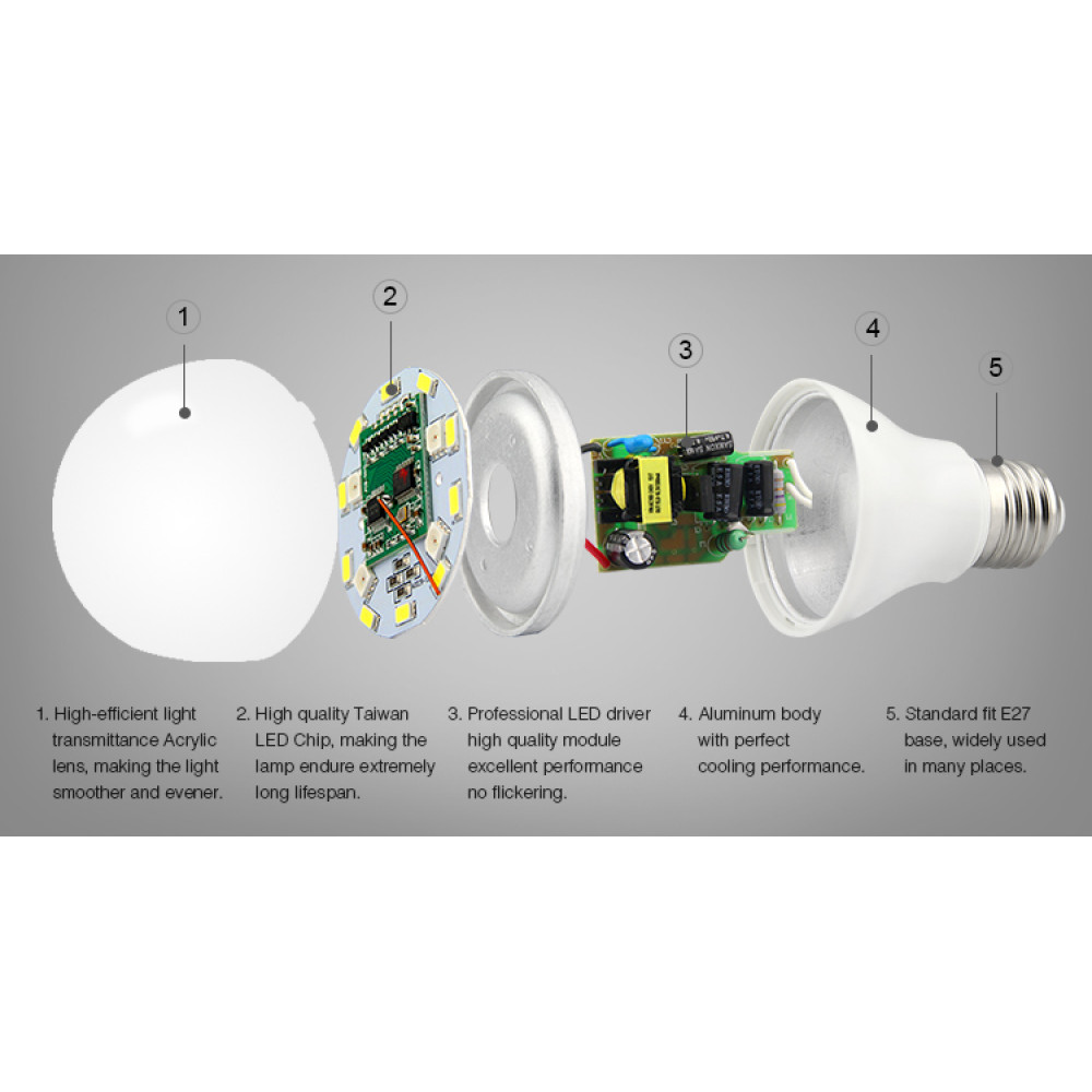LED лампа 6 Вт, Е27, 2700K + RGB, RF 2,4 GHz дистанційне управління Mi-Light LL014-WW RGBW
