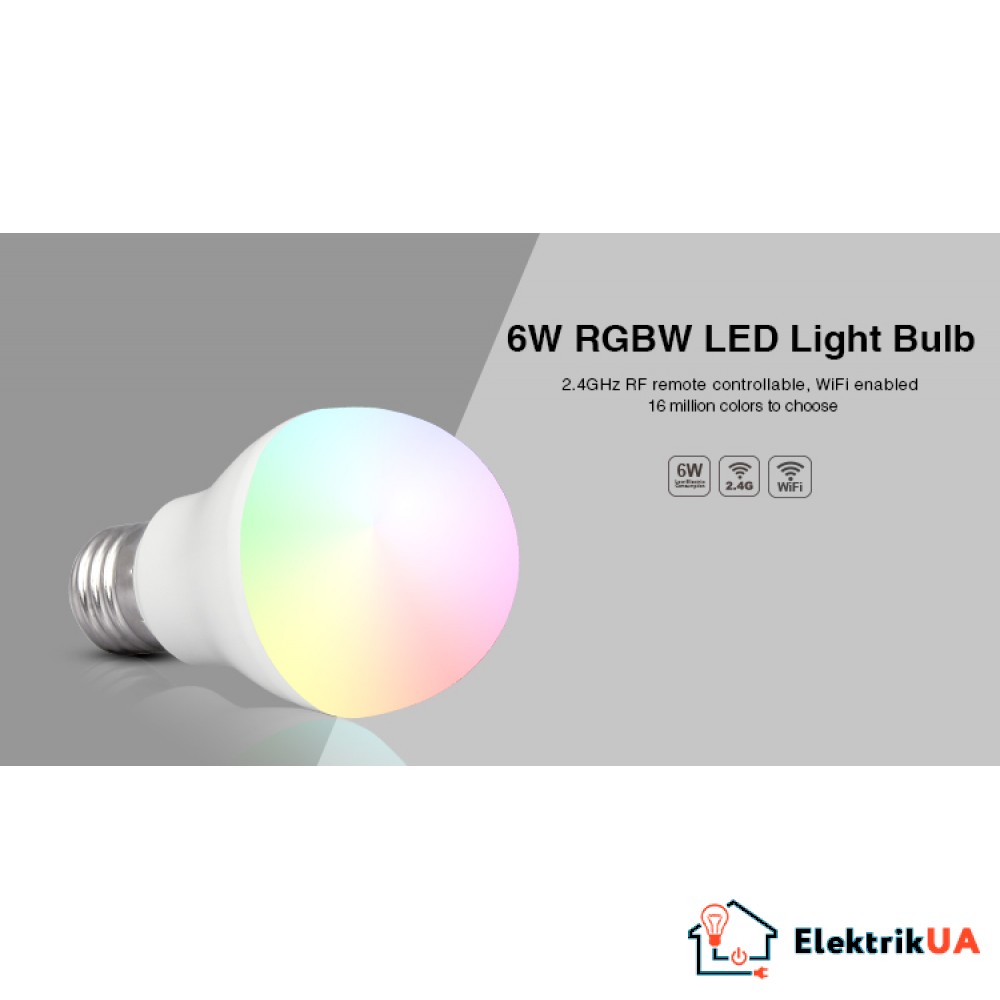 LED лампа 6 Вт, Е27, 2700K + RGB, RF 2,4 GHz дистанційне управління Mi-Light LL014-WW RGBW