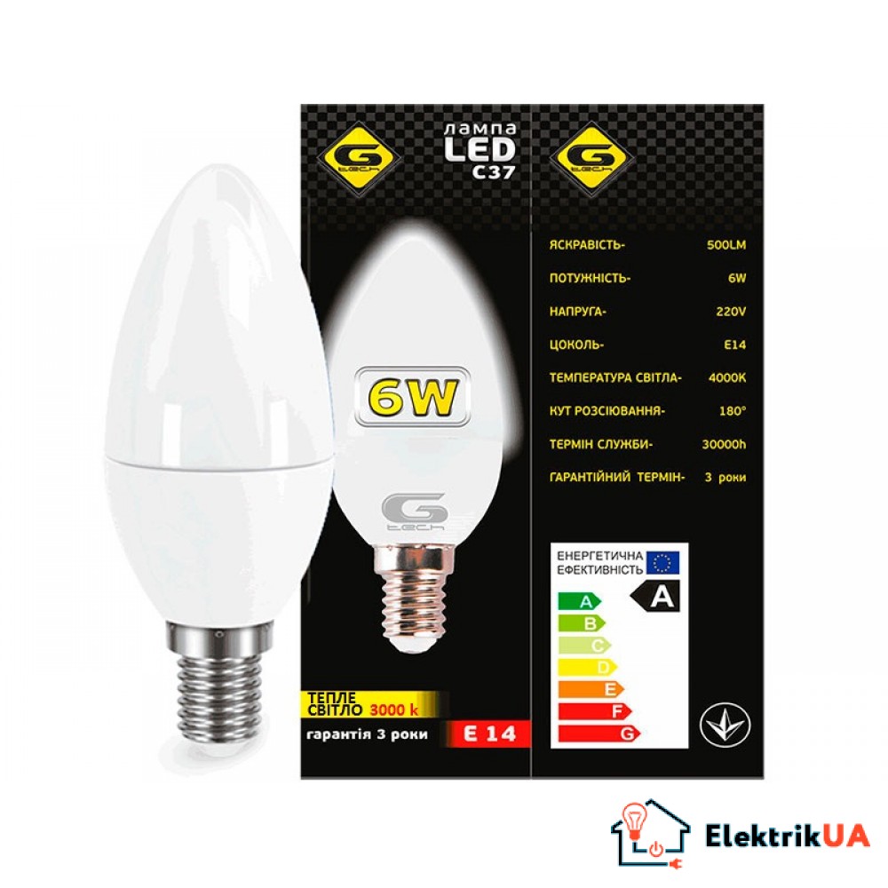Лампа LED Свіча G-tech C37-6W-E14-3000K