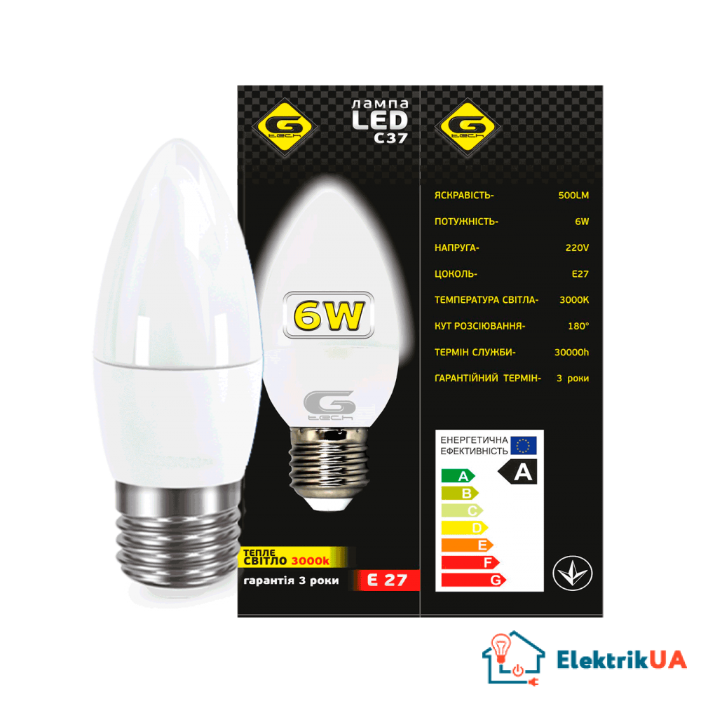 Лампа LED Свіча G-tech С37-6W-E27-3000K G