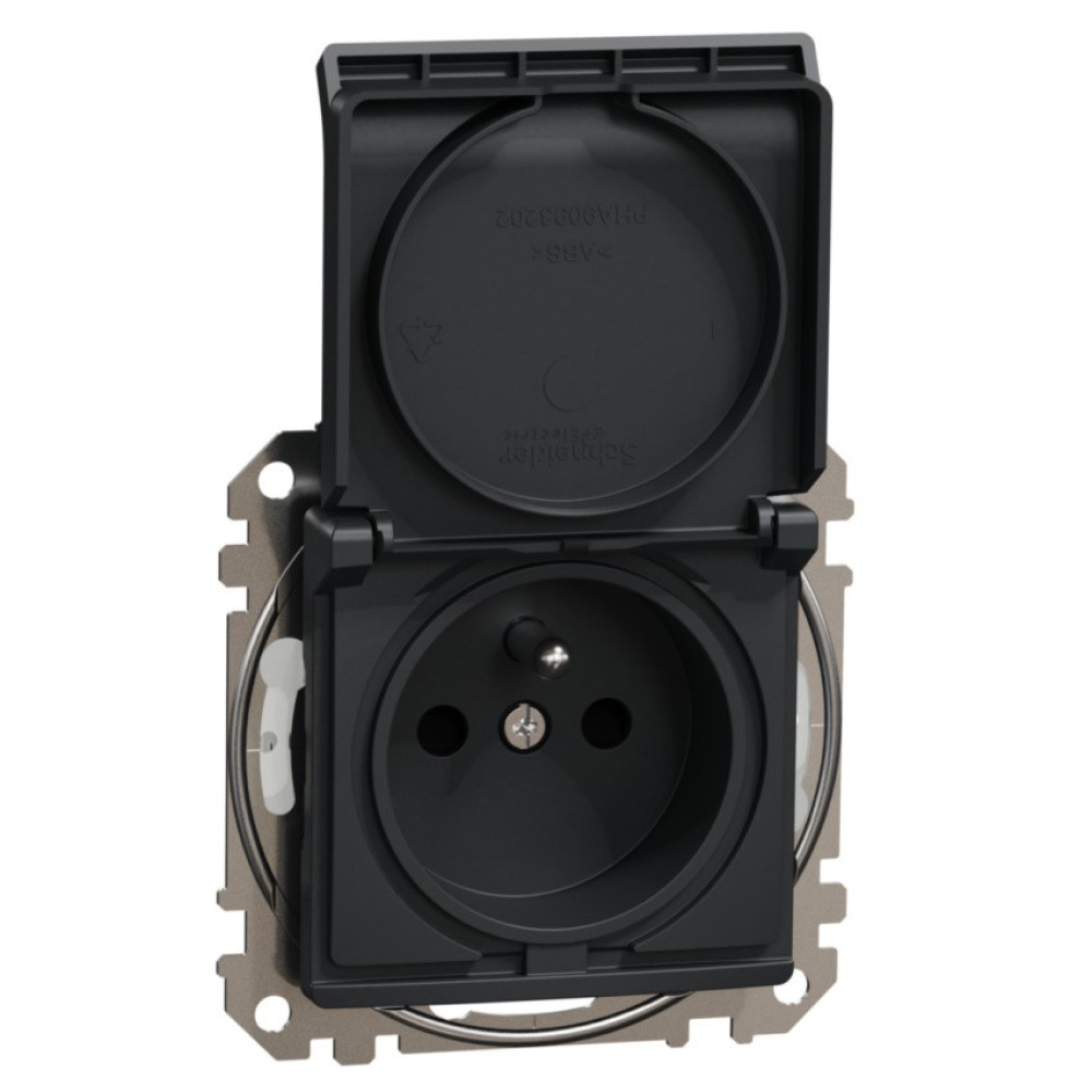 Розетка с заземлением с крышкой и защитными шторками Schneider Electric Sedna Design Черный SDD114024